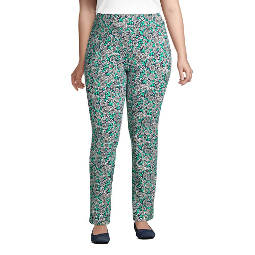 Lands' End Womens Mid Rise Starfish Slim Leg Pants Pattern Deep Sea Navy Dotted Floral Regular Large