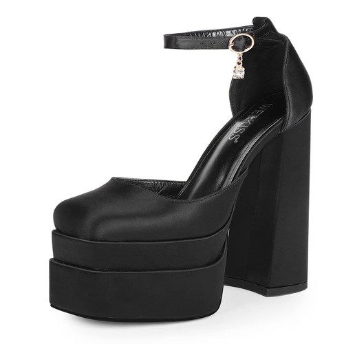 wetkiss Platform Chunky Heels for Women Platform Chunky Pumps Ankle Strap High Heel Pumps Black Platform Heels Black Closed Toe Platform Heels Black Satin Heels for Women