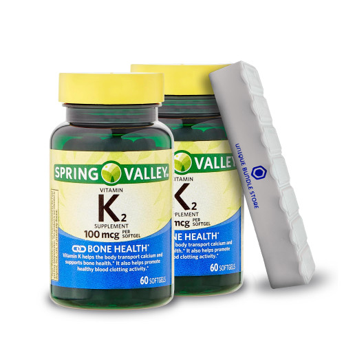 Spring Valley, K2 Vitamin Supplement, Softgel 100 Mcg, 60 Count Dietary Supplement + 7 Day Pill Organizer Included (Pack of 2)