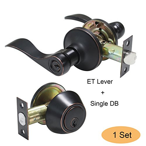 Gobrico Oil Rubbed Bronze Finished Keyed-Alike Wave Lever Door Handle Entry Lock and Single Cylinder Deadbolt (Keyed on One Side) 1Set