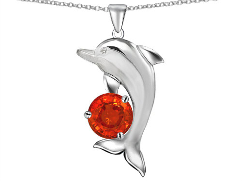 Star K Round 7mm Simulated Orange Mexican Fire Opal Good Luck Dolphin Pendant Necklace Sterling Silver