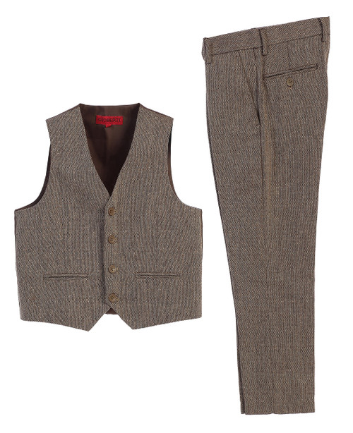 Gioberti Boy's 2 Piece Tweed Plaid Vest and Pants Set, Barleycorn Brown, Size 10