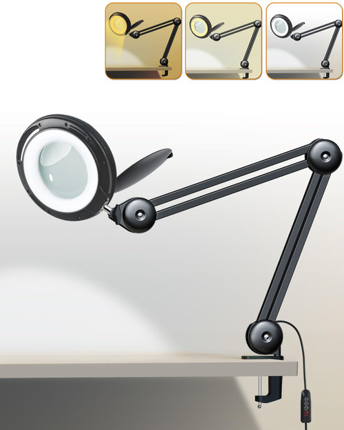10X Magnifying Glass with Light, Adjustable Swing Arm 2200 Lumens LED Magnifying Desk Lamp with 3 Color Modes Stepless Dimming, Hands Free LED Lighted Magnifier for Close Work, Crafts Repair Painting