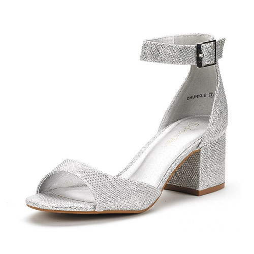 DREAM PAIRS Women's Chunkle Silver Glitter Low Heel Pump Sandals Ankle Strap Dress Shoes - 11 M US