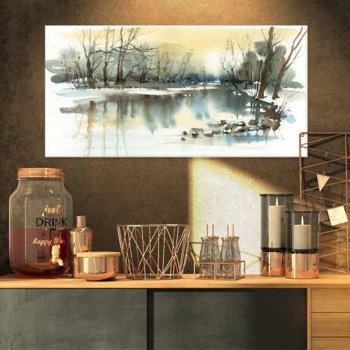 Designart River in Winter-Landscape Painting Canvas Art Print-32x16, 32x16 Designart River in Winter-Landscape Painting Canvas Art Print-32x16, 32x16