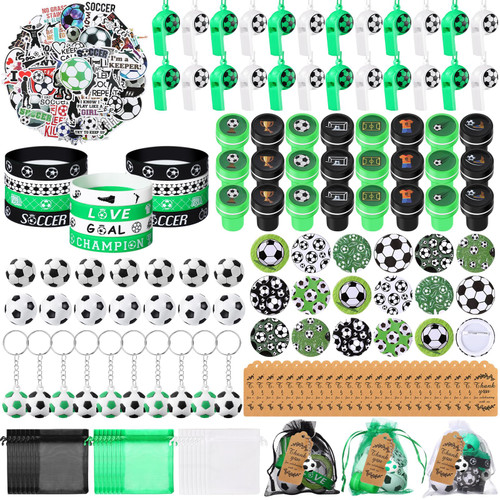 Aoriher 266 Pcs Soccer Party Favors Soccer Party Supplies Gifts Set Soccer Stress Ball Stickers Whistle Keychain Bracelet Erasers Badges Organza Bags Thank You Tags for Soccer Sport Birthday Party