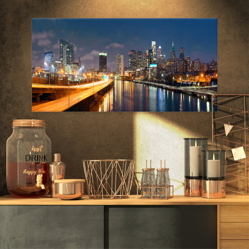 Design Art PT10072-32-16 Philadelphia Skyline at Night-Cityscape Canvas print-32X16, 32 x 16 in