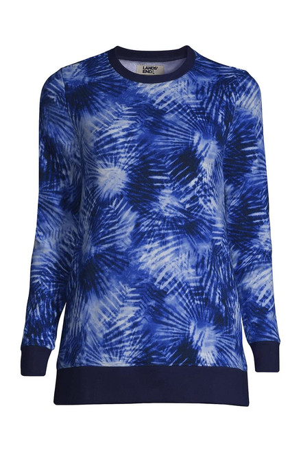 Lands' End Womens Long Sleeve Sweatshirt Tunic Deep Sea Navy Tie Dye Palm Regular Small