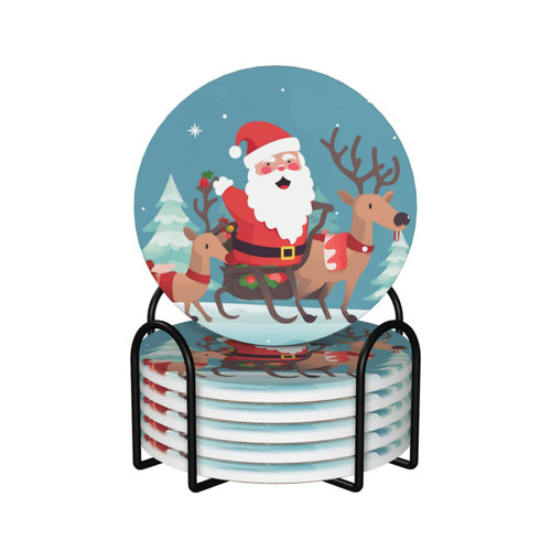 Christmas Deer Santa Claus Coasters for Drinks with Holder Set of 6 Ceramic Coasters Absorbent Drink Coasters for Tabletop Protection, Bar Coasters for Coffee Table Home Decor Housewarming Gifts