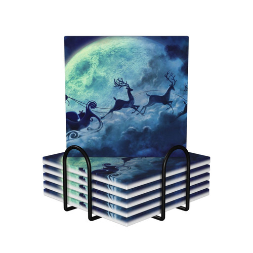 Santa Claus Coasters for Drinks with Holder Set of 6 Ceramic Coasters Absorbent Drink Coasters for Tabletop Protection, Bar Coasters for Coffee Table Home Decor Housewarming Gifts