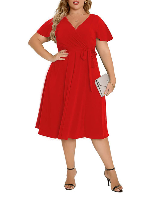 Agmibrelr Women's Plus Size Flutter Sleeve Dress Deep V Neck A-Line Swing Plus Size Midi Dresses Red 14 Agmibrelr Women's Plus Size Flutter Sleeve Dress Deep V Neck A-Line Swing Plus Size Midi Dresses Red 14