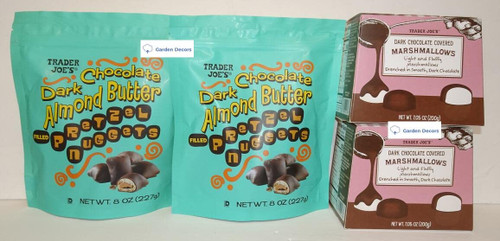Trader Joes Dark Chocolate Almond Butter Filled Pretzel Nuggets & Dark Chocolate Covered Marshmallows (Four Items), 8 Ounces