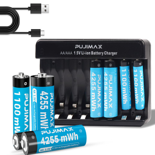 PUJIMAX AA AAA Rechargeable Lithium Batteries with Charger, 1.5v Lithium Rechargeable Battery Combo Set of 4 Packs AA-4225mWh & 4 Packs AAA-1100mWh, 1500 Cycles, 1.5H Fast Charge (8 Packs) PUJIMAX AA AAA Rechargeable Lithium Batteries with Charger, 1.5v Lithium Rechargeable Battery Combo Set of 4 Packs AA-4225mWh & 4 Packs AAA-1100mWh, 1500 Cycles, 1.5H Fast Charge (8 Packs)