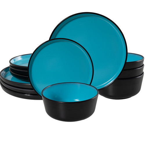 ZAROCRUS Melamine Dinnerware Sets, Nonbreakable 12 Piece Round Kitchen Dishes Set with Plates and Bowls Set, Lightweight Dinner Set Service for 4, Blue and Black