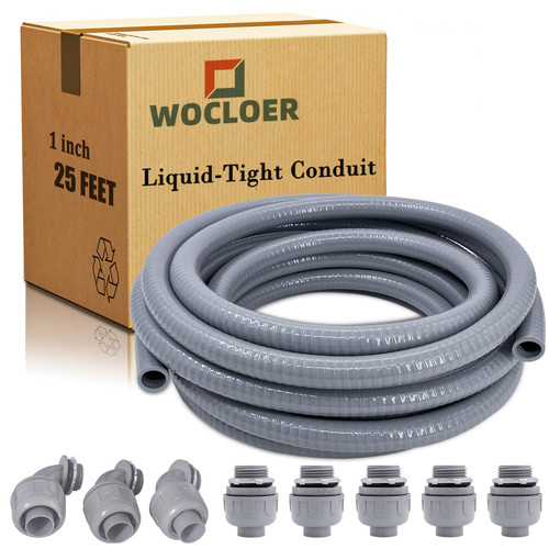 Wocloer Liquid-Tight Conduit - 1inch 25 Foot Flexible Non Metallic Liquid Tight Electrical Conduit Kit, with 5 Straight and 3 Angle Fittings Included. 1" Dia