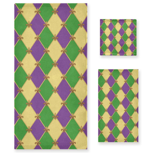Naanle Mardi Gras Fleur De Lis Pattern Soft Luxury Decorative Set of 3 Towels, 1 Bath Towel+1 Hand Towel+1 Washcloth, Multipurpose for Bathroom, Hotel, Gym, Spa and Beach
