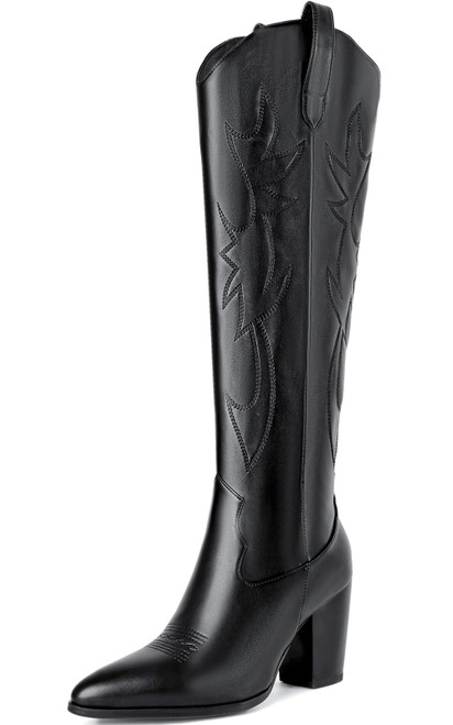 Mostrin Black Cowgirl Boots for Women Embroidered Knee High Cowboy Boots Classic Almond Pointed Toe Chunky Stacked Heel Pull On Western Boots Size 6