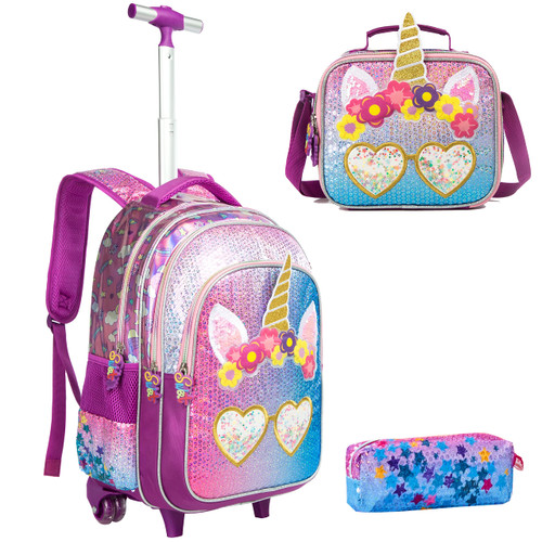 Meetbelify Unicorn Rolling Backpack for Girls Wheels Backpacks for Girls for School Sequin Backpack with Lunch Box for Elementary Students Meetbelify Unicorn Rolling Backpack for Girls Wheels Backpacks for Girls for School Sequin Backpack with Lunch Box for Elementary Students