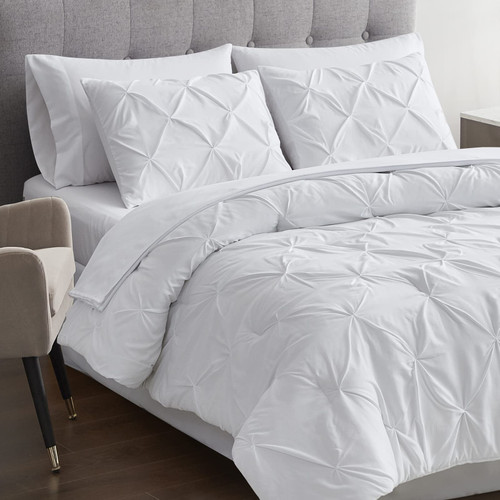 Maple&Stone Twin Comforter Set 5 Pieces Pinch Pleat Bed in A Bag, White Comforter Twin Sets Pintuck with Comforter Sheets Pillowcases & Shams, White Bedding Comforter Sets for Twin Size
