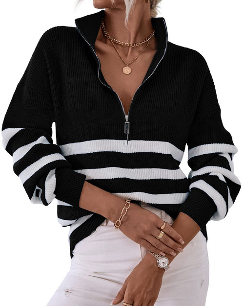 BTFBM Women 2023 Casual Long Sleeve Zip Striped Pullover Sweaters V Neck Collar Ribbed Knit Fall Winter Slouchy Jumpers (Striped Black, X-Large)