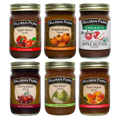 Dillman Farm Fruit Butter Variety Pack (6 pack)| Apple Butter, Pumpkin Butter, No Sugar Added Organic Apple Butter, Cherry Butter, Peach Butter, Pear Butter| Dillman Farm Fruit Butter Variety Pack (6 pack)| Apple Butter, Pumpkin Butter, No Sugar Added Organic Apple Butter, Cherry Butter, Peach Butter, Pear Butter|