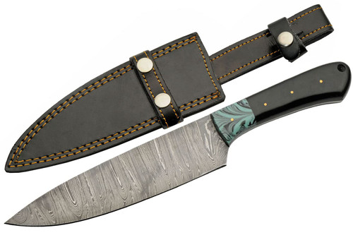 SZCO Supplies DM-1305 Horn/Resin Handled Fill Tang Damascus Steel Chef's Knife with Leather Sheath, 12.5" Length SZCO Supplies DM-1305 Horn/Resin Handled Fill Tang Damascus Steel Chef's Knife with Leather Sheath, 12.5" Length