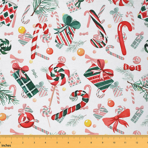 Merry Christmas Fabric, Xmas Bell Decorative Fabric by The Yard, Candy Cane Stripe Outdoor Fabric, Christmas Gift Box Bowknot Waterproof Fabric, Craft Patchwork DIY Sewing Gift, 5 Yards, Red Green