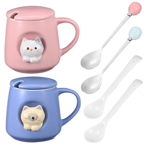 NOLITOY 2 Set Coffee Glass with Lid Ceramic Coffee Mugs Coffee Cup with Lid Drinking Glasses with Lids Coffee Mug with Lid Drinking Cup with Lid Spoon Modeling Cup Ceramics The Cat Student
