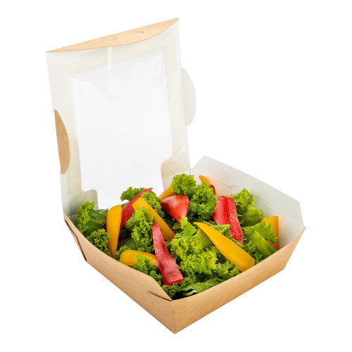 Restaurantware Cafe Vision 26 oz Rectangle Kraft Paper Medium Bio Salad Box - 5 3/4" x 5 3/4" x 1 3/4" - 50 count box - Restaurantware