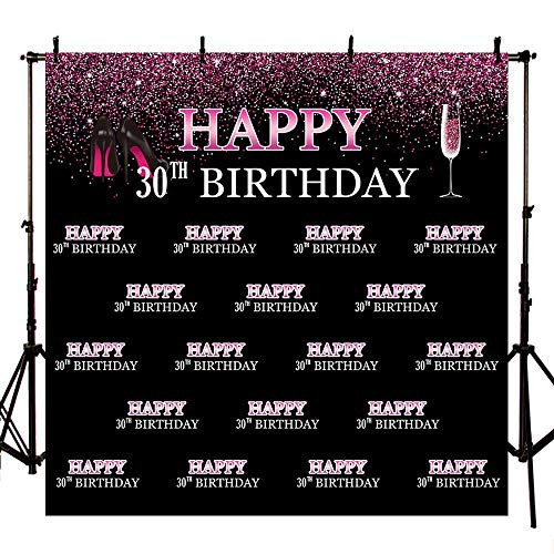 MEHOFOTO Photo Background Shining Pink Black High Heels Champagne Woman 30th Happy Birthday Party Banner Backdrops for Photography 8x8ft