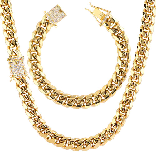 putouzip Miami Cuban Link Chain Set For Men 18K Gold Plated Stainless Steel 10/12mm Curb Bracelet Necklace Diamond Chains(10mm Ellipse Gold Set, 20inch)