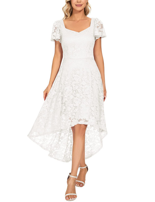MUADRESS Women Floral Lace Bridesmaid Party Dress High Low Hem V Neck Formal Dresses for Wedding, Cocktail White L MUADRESS Women Floral Lace Bridesmaid Party Dress High Low Hem V Neck Formal Dresses for Wedding, Cocktail White L