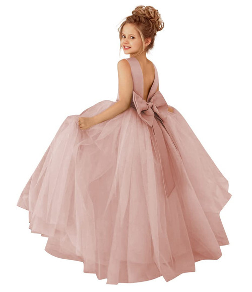 MCieloLuna Dusty Rose Ball Gown Tulle Flower Girl Dresses Bow-Knot Pearls Bridesmaid Wedding Birthday Party First Communion Dress for Kids Size 12