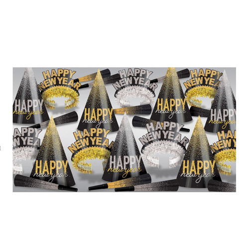 Beistle Silver & Gold Midnight Burst New Year's Eve Assortment for 25 People, Party Favors and Supplies, NYE Photo Booth Props, Made in USA Since 1900