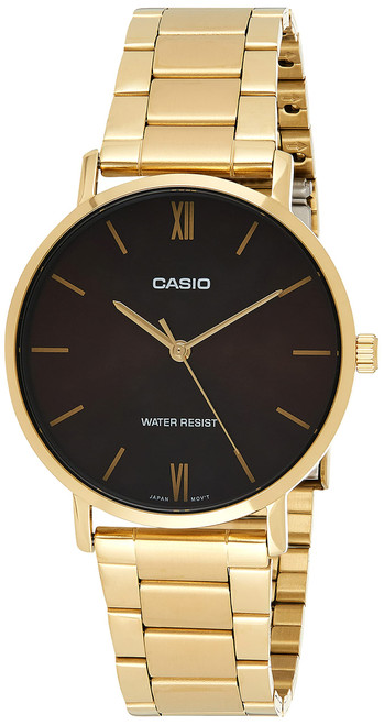 Casio MTP-VT01G-5B Men's Gold Tone Stainless Steel Minimalistic Burgundy Dial 3-Hand Analog Watch