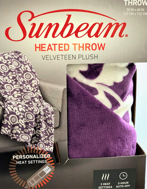 Sunbeam Velveteen Plush Electric Heated Throw Blanket Washable 3-Heat Setting Controller Auto-Off, UL Certified for Safety (Purple Floral)