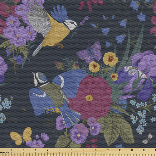 Lunarable Vintage Fabric by The Yard, Nostalgic Blooming Garden Pattern of Floral Bouquets and Birds, Decorative Fabric for Upholstery and Home Accents, 3 Yards, Blue Multicolor