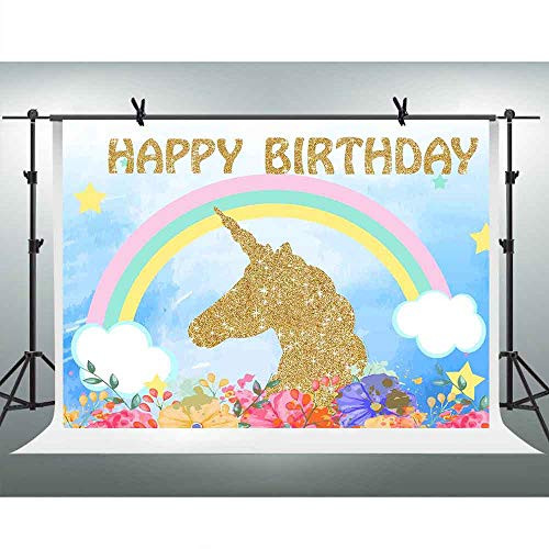 FHZON 10x7ft Unicorn Picture Backdrop Sky Clouds Rainbow Flower Background Happy Birthday Theme Party Wallpaper Photo Booth Props LXFH421