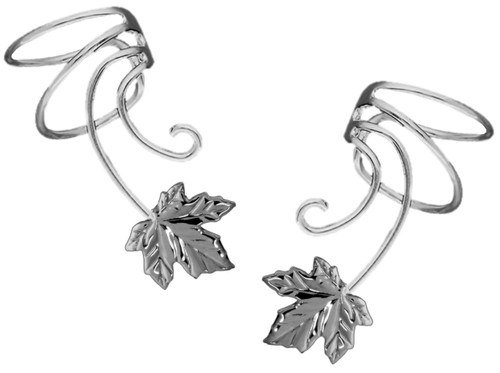 Maple Leaf Non-pierced Wave Ear Cuff Earring Wrap Clip Pair Rhodium Sterling Silver