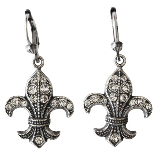 Catherine Popesco La Vie Parisienne Silvertone Fleur De Lis Crystal Earrings, 9001B Clear