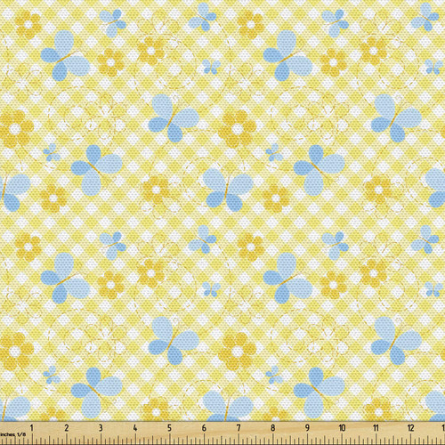 Ambesonne Checkered Fabric by The Yard, Pattern with Daisy Flower and Butterflies, Decorative Fabric for Upholstery and Home Accents, 3 Yards, Pale Blue