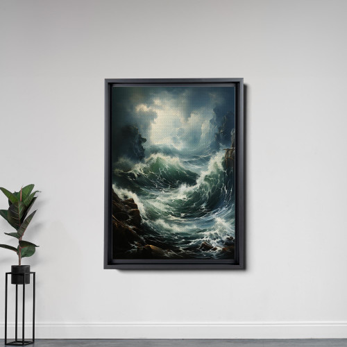 Wave Filled Sea With Trees Near The Sea, Rustic Coastal Vintage Beach Art Print, Antique Seaside, Vintage Prints, Beach Prints, Wave Print, Canvas, Home Decor