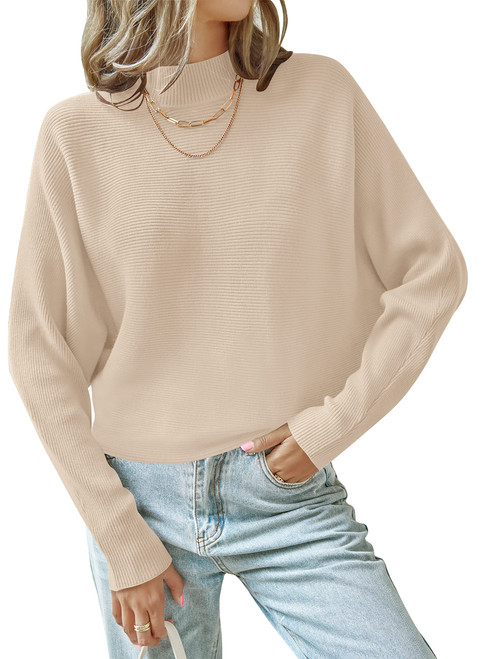 ZESICA Women's 2023 Fall Turtleneck Batwing Long Sleeve Ribbed Knit Casual Soft Pullover Sweater Jumper Top,Apricot,Large