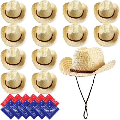 SATINIOR 12 Set Straw Cowboy Hats and Bandanas Pack Cowboy Party Hat Costume Head Bandana Bulk Western Accessories(Beige, Braided Trim Style)