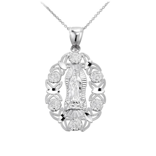 Blessed Our Lady of Guadalupe Miraculous Medal Charm Necklace in 925 Sterling Silver, 16"