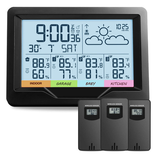 Oule GmbH Weather Stations Indoor Outdoor Thermometer Wireless Temperature Humidity Monitor with Digital Atomic Clock, Weather Station with Multiple Sensors Oule GmbH Weather Stations Indoor Outdoor Thermometer Wireless Temperature Humidity Monitor with Digital Atomic Clock, Weather Station with Multiple Sensors