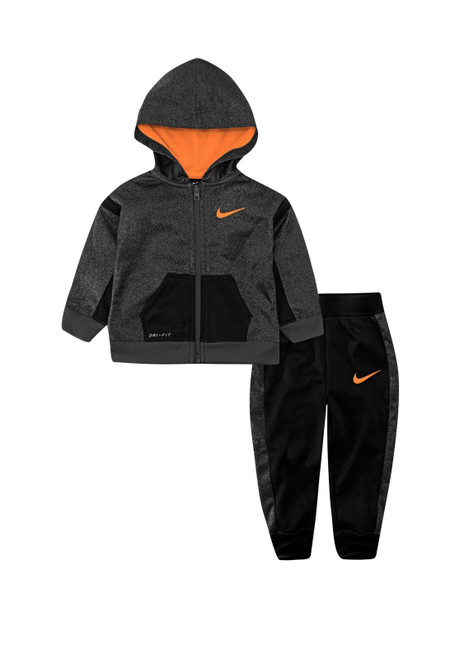 Nike Boy`s Therma Fleece Full Zip Hoodie & Jogger Pants 2 Piece Set (Black(66F409-023)/Orange, 2T)