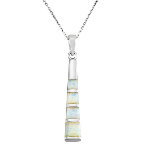 Sterling Silver Created White Opal Bar Pendant with 18" Chain