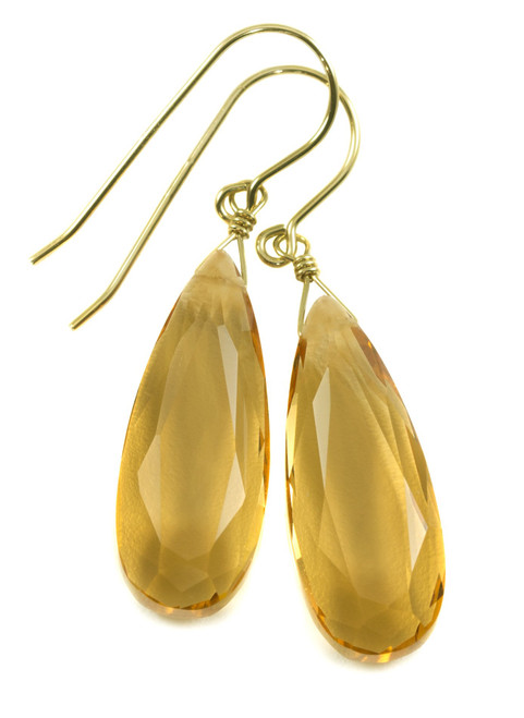 14k Yellow Gold Filled Simulated Citrine Earrings Faceted Teardrops Simple Dangle Drops 1.7"