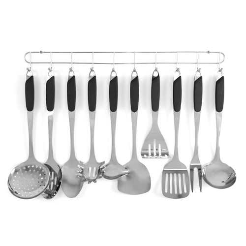 Hell's Kitchen 10 Piece Stainless Steel Utensil Set with Hanging Rack (Black)
